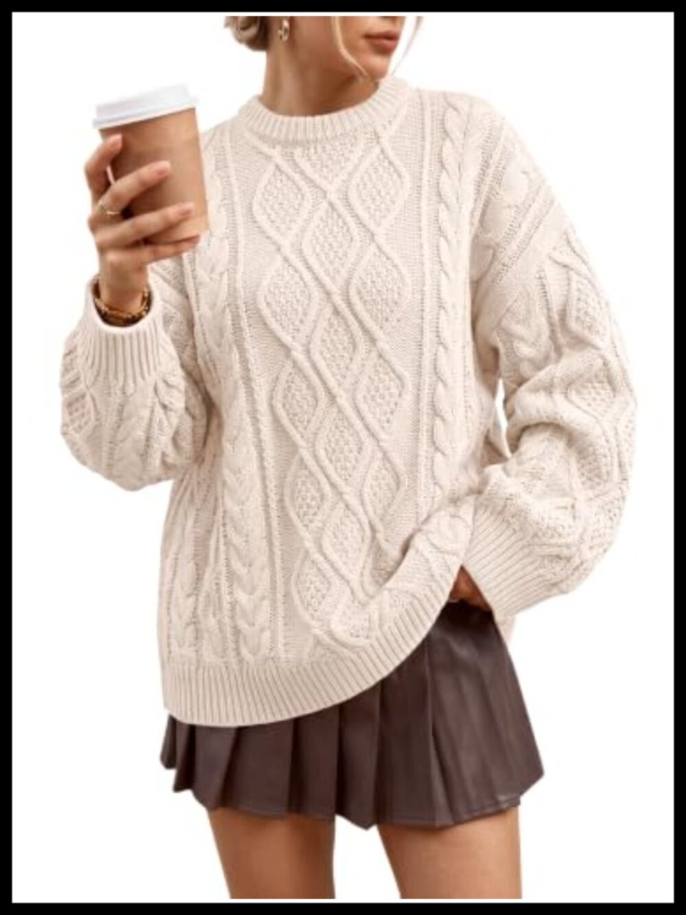 Oversized Cable Knit Cotton Blend Crew Neck Pullover Sweater
